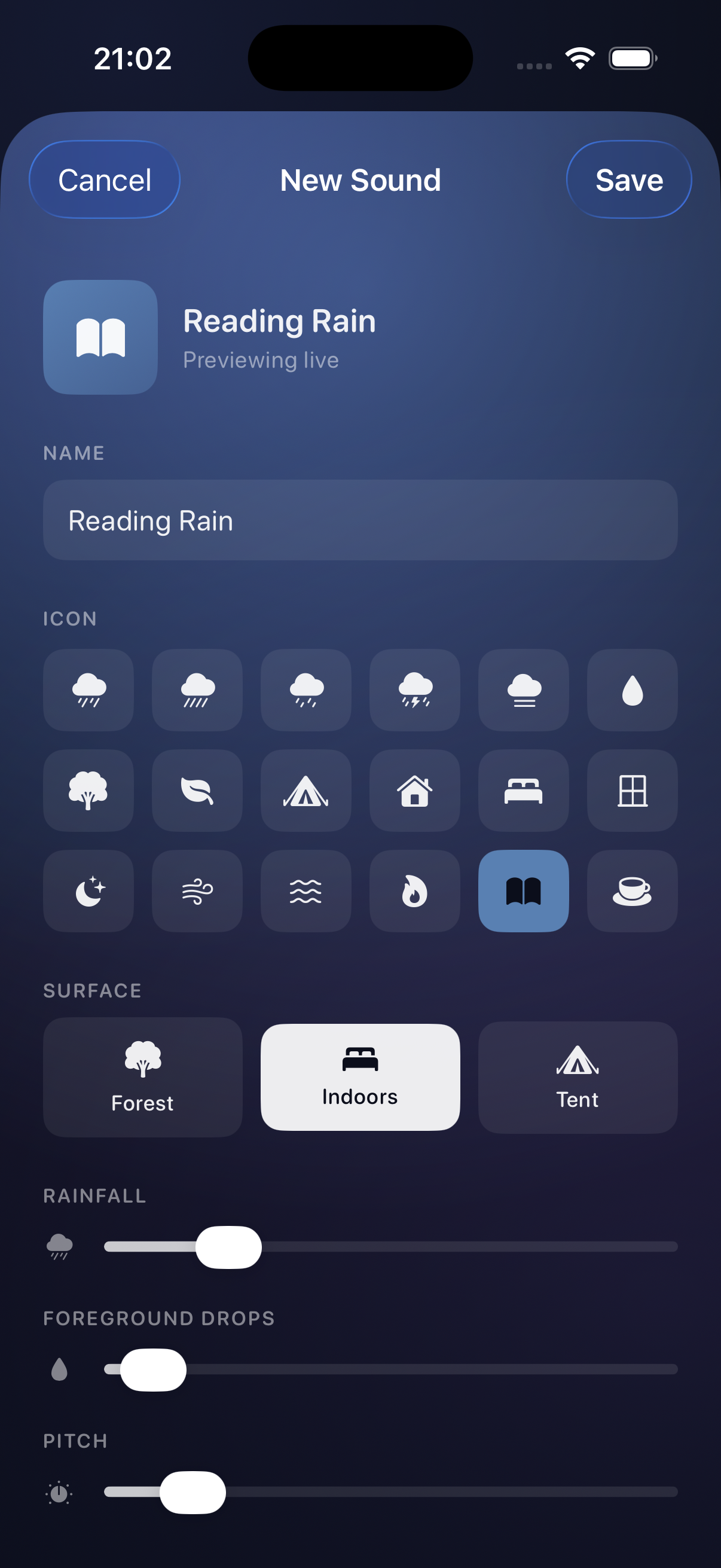 RainLike sound editor with rainfall, foreground drops and pitch controls
