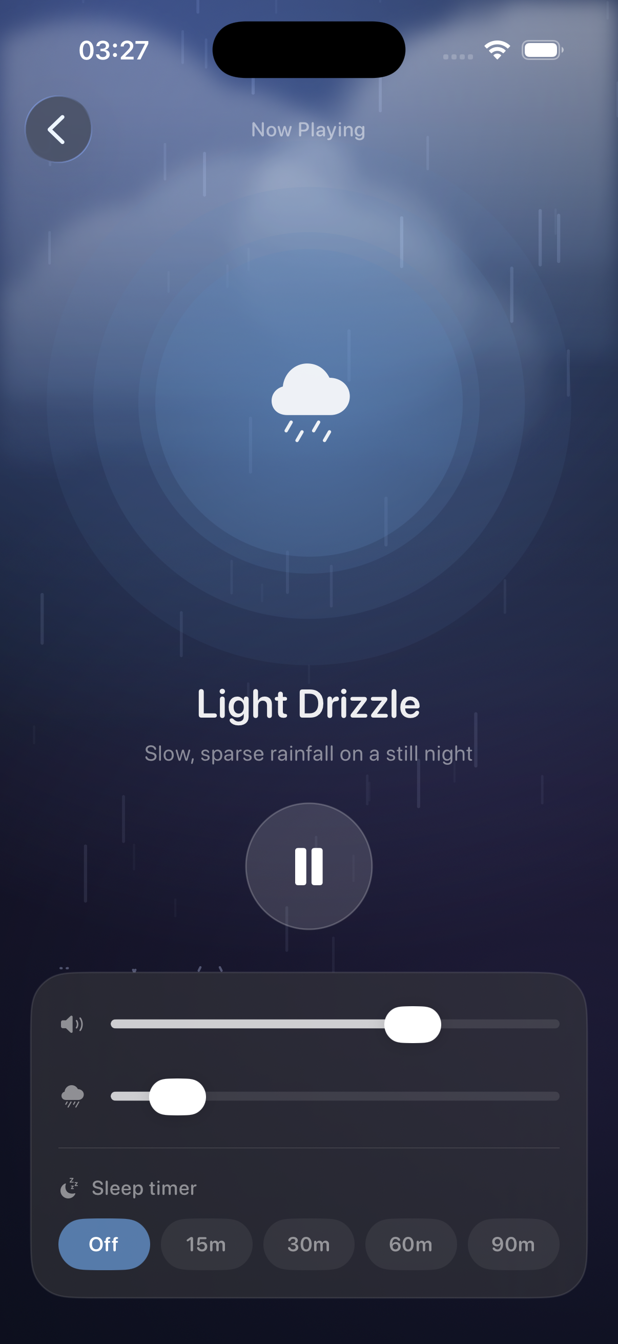 RainLike now playing screen with volume, intensity and sleep timer controls