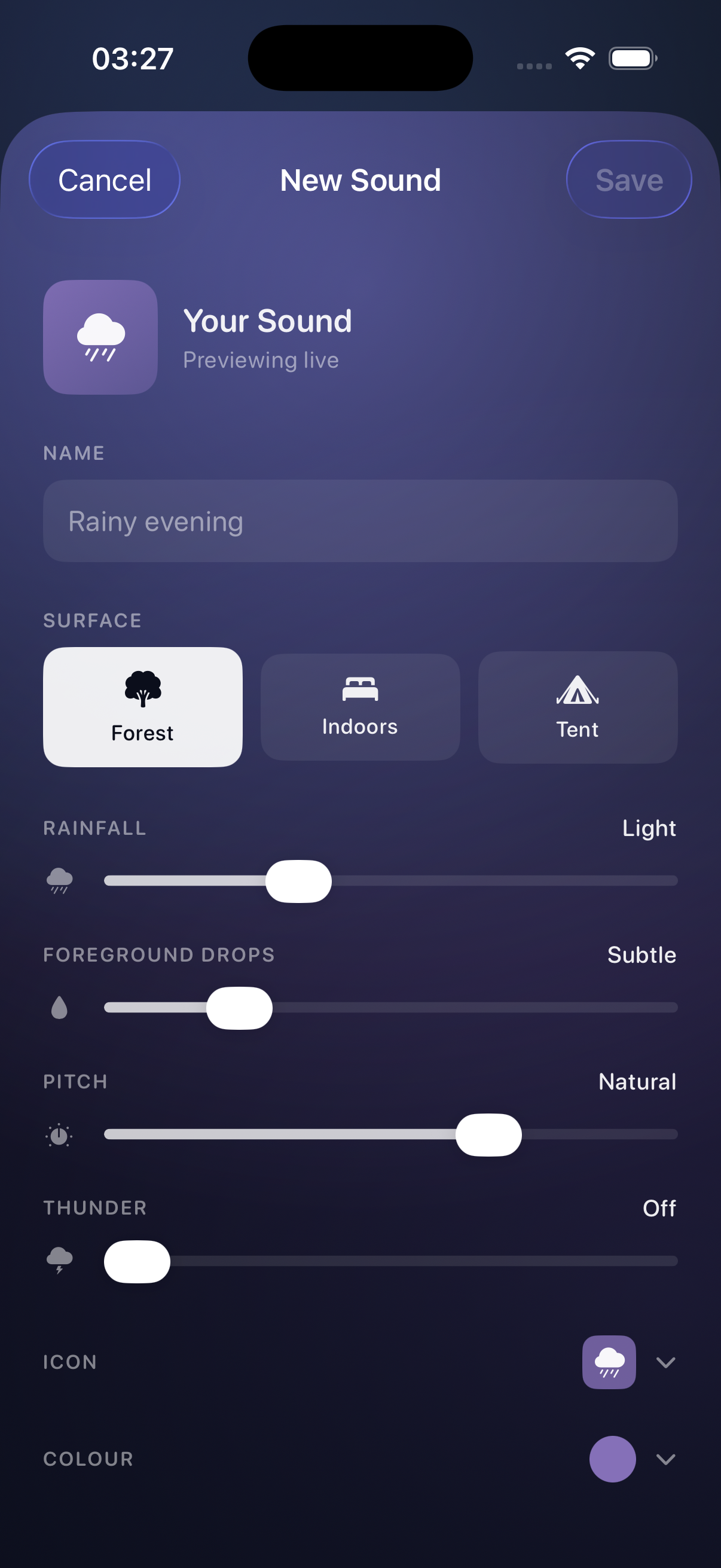 RainLike sound editor with rainfall, foreground drops and pitch controls